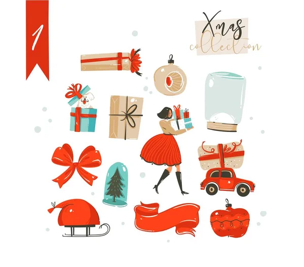 Dibujado a mano vector abstracto divertido dibujo animado clásico Feliz Navidad ilustraciones decoración elementos colección conjunto con cajas de regalo sorpresa, perro, niña y bola de nieve bulbo aislado sobre fondo blanco — Vector de stock