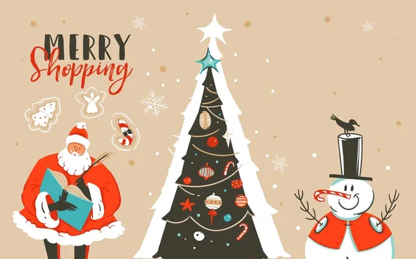 Diversión abstracta vectorial dibujada a mano Feliz Navidad ilustración de dibujos animados tarjeta de felicitación con Santa Claus, árbol de Navidad, muñeco de nieve y feliz venta caligrafía aislada sobre fondo artesanal — Archivo Imágenes Vectoriales