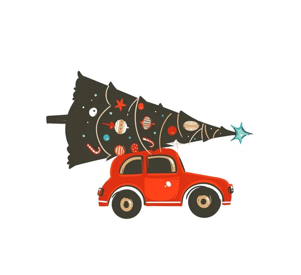 Hand gezeichnet Vektor frohe Weihnachten Zeit Cartoon-Ikone Grafik Illustration Design-Element mit rotem Auto und Weihnachtsbaum isoliert auf weißem Hintergrund — Stockvektor