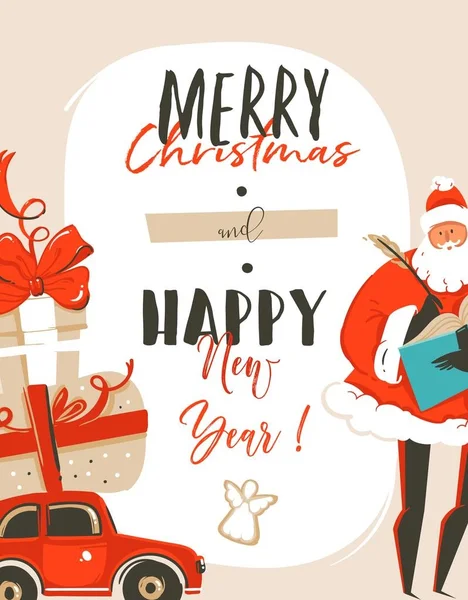 Mão desenhado vetor abstrato divertido Feliz Natal desenhos animados ilustração cartão tag com Papai Noel, carro, caixas de presente surpresa e melhores desejos tipografia isolada no fundo branco —  Vetores de Stock