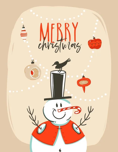 Diversión abstracta vectorial dibujada a mano Feliz Navidad ilustración de dibujos animados tarjeta de felicitación etiqueta con muñeco de nieve, guirnalda bauble árbol de Navidad y tipografía Feliz Navidad aislado sobre fondo blanco — Vector de stock