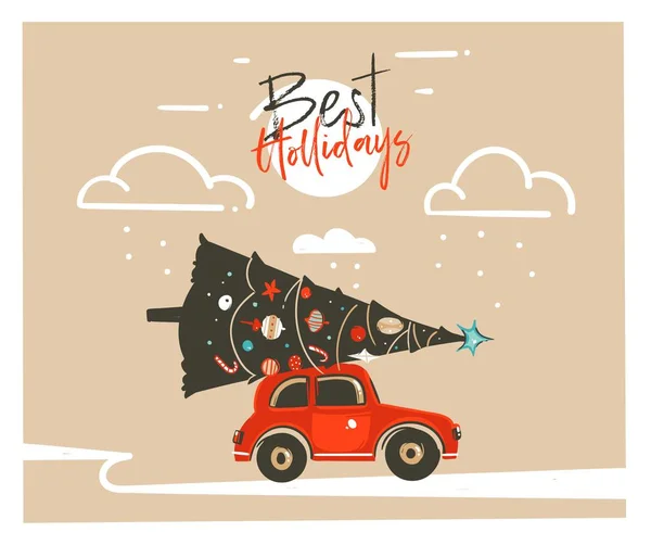 Ręcznie rysowane wektor Wesołych Świąt czas kreskówka graficzny ilustracja nagłówek karty szablon projektu z czerwony samochód, Boże Narodzenie drzewo i nowoczesnej typografii najlepsze wakacje na białym tle na tle papieru rzemiosła — Wektor stockowy