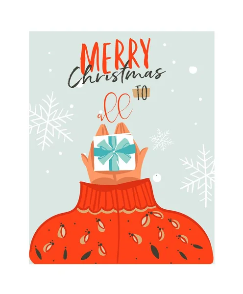 Mão desenhado vetor abstrato Feliz Natal tempo cartoon ilustração cartão com pessoas em camisola acolhedora que dá surpsise caixa de presente e tipografia moderna Feliz Natal para todos isolados no fundo branco —  Vetores de Stock