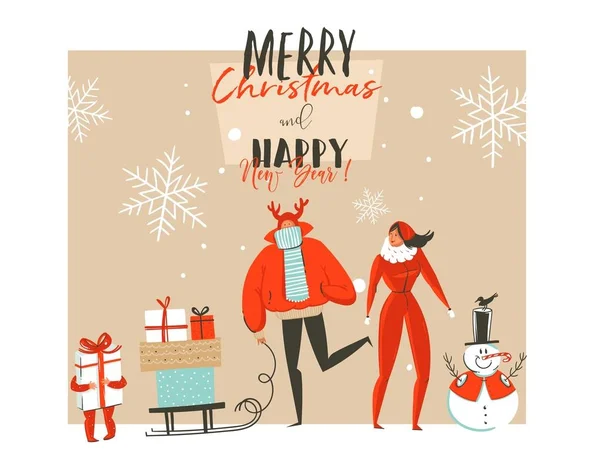 Kézzel rajzolt vektoros absztrakt kellemes karácsonyi ünnepeket és boldog új évet az időben rajzfilm illusztrációk üdvözlés kártya-val szabadtéri családi emberek csoport, a hóember és a modern tipográfia elszigetelt fehér background — Stock Vector