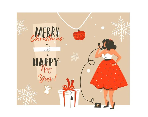 Hand drawn vector abstract Merry Christmas and Happy New Year time vintage cartoon illustration greeting card with beautuful woman in dress,gift box and modern typography isolated on white background — Stock Vector