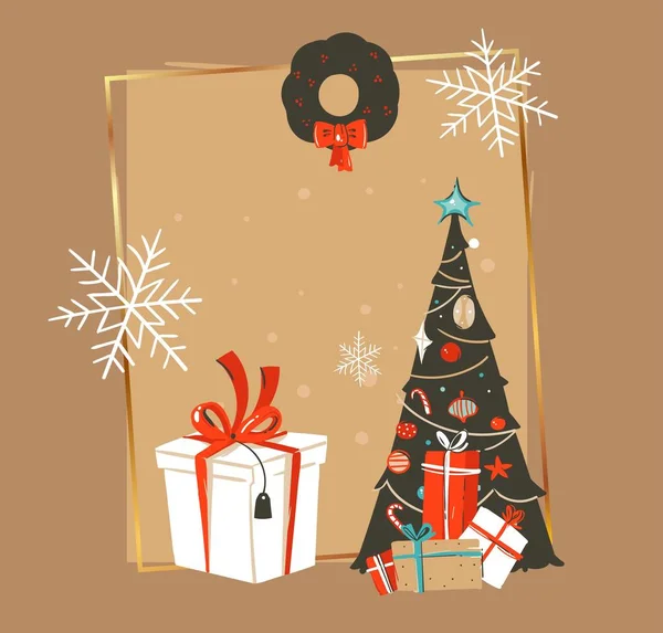 Handgezeichnete Vektor abstrakte frohe Weihnachten und ein gutes neues Jahr Zeit vintage cartoon Illustrationen Grußkarte Vorlage mit Weihnachtsbaum, Geschenkbox und Platz für Ihren Text isoliert auf braunem Hintergrund — Stockvektor