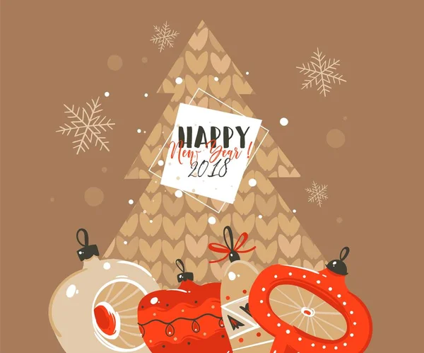 Рука намальована векторна абстракція Веселого Різдва та Щасливого Нового року мультиплікаційні ілюстрації шаблон привітання заголовка з іграшками з ялинкою та типографічним текстом ізольовані на коричневому фоні — стоковий вектор
