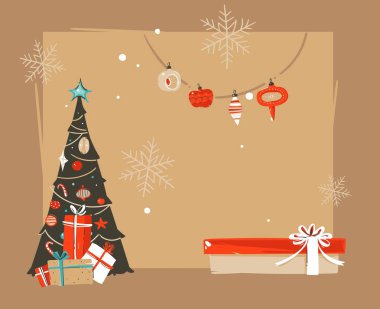 Elle çizilmiş vektör soyut neşeli Noel ve mutlu yeni yıl zaman vintage üstbilgi şablonu sürpriz hediye kutuları ile tebrik çizimler karikatür ve izole kahverengi zemin üzerine, metniniz için yer
