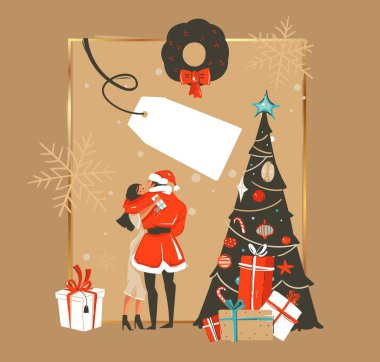 Elle çizilmiş vektör soyut eğlenceli mutlu yeni yıl zaman çizgi film illüstrasyon romantik çift öpüşme ve sarılma, Noel çelenk ve tipografi üzerinde kahverengi arka plan izole