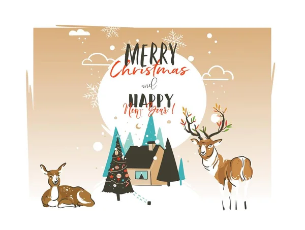 Χέρι συντάσσονται διάνυσμα αφηρημένη καλά Χριστούγεννα και Ευτυχισμένο το νέο έτος 2018 χρόνο καρτούν εικονογράφηση πρότυπο ευχετήριας κάρτας με υπαίθριο τοπίο, σπίτι, ελάφια και ταράνδων που απομονώνονται σε λευκό φόντο — Διανυσματικό Αρχείο