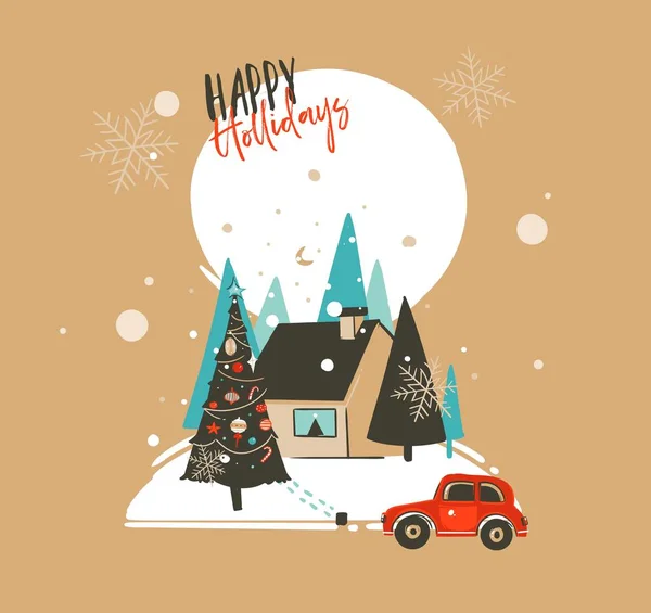 Рука намальована векторна абстракція Веселого Різдва та Щасливого Нового року мультяшні ілюстрації шаблон вітальних листівок з відкритим ландшафтом, будинком та снігопадами ізольовані на коричневому фоні — стоковий вектор