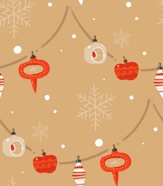 손으로 그린 벡터 추상 메리 크리스마스와 새 해 복 많이 받으세요 시간 만화 일러스트 크리스마스 트리 복고풍 빈티지 공과 지팡이 갈 랜드 공예 배경에 격리와 원활한 패턴 인사말 — 스톡 벡터