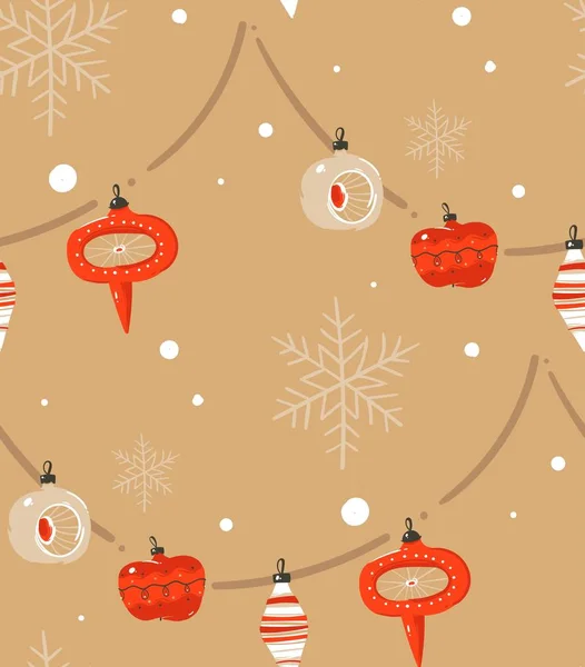 Vettore disegnato a mano astratto Buon Natale e Felice Anno Nuovo tempo illustrazioni dei cartoni animati saluto modello senza soluzione di continuità con albero di Natale retrò palla vintage e baubles ghirlanda isolata su sfondo artigianale — Vettoriale Stock