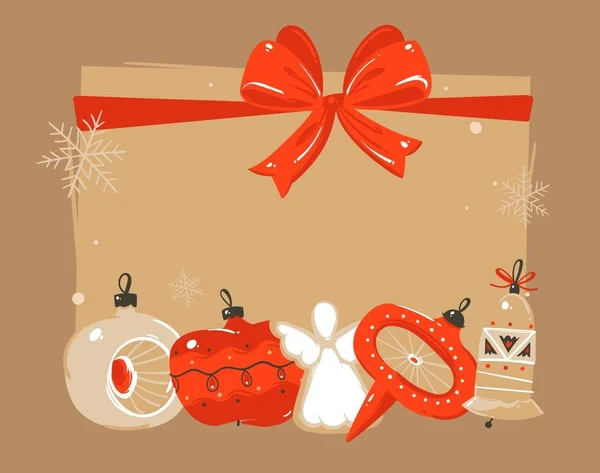 El çizimi vektör soyut Mutlu Noeller ve Mutlu Yıllar çizgi film çizimleri başlık şablonu ile xmas ağacı takı oyuncakları ve kahverengi arka planda izole metin için yer — Stok Vektör