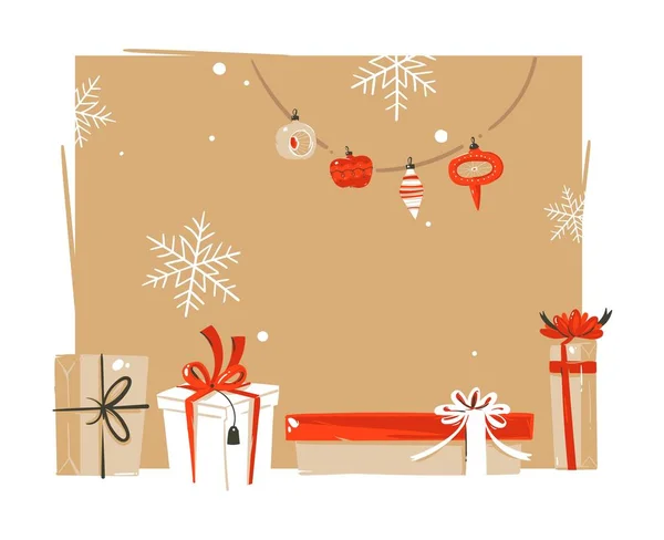 Vector dibujado a mano abstracto Feliz Navidad y Feliz Año Nuevo ilustraciones de dibujos animados vintage plantilla encabezado saludo con cajas de regalo sorpresa y lugar para su texto aislado sobre fondo blanco — Archivo Imágenes Vectoriales