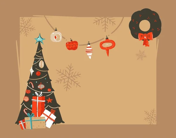 Mão desenhado vetor abstrato Feliz Natal e Feliz Ano Novo vintage desenho animado ilustração cartão cabeçalho modelo com árvore de xmas e lugar para o seu texto isolado —  Vetores de Stock