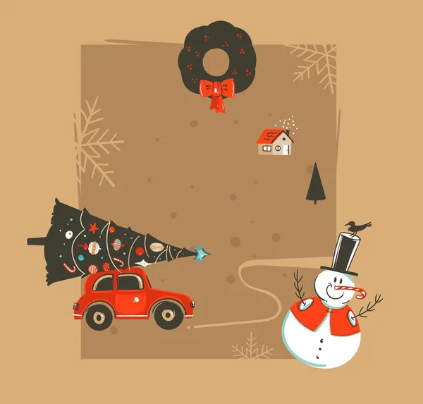 Рука намальована векторна абстракція Веселого Різдва та Щасливого Нового року старовинні мультиплікаційні ілюстрації шаблон вітальних листівок з машиною, різдвяним деревом, сніговиком та місцем для тексту ізольовано на коричневому фоні — стоковий вектор