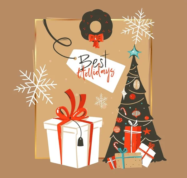 Çizilmiş vektör soyut neşeli Noel ve mutlu yeni yıl zaman vintage karikatür çizimler tebrik kartı şablonu xmas ağacı ile el, hediye izole kahverengi zemin üzerinde metin kutusu ve tipografi — Stok Vektör