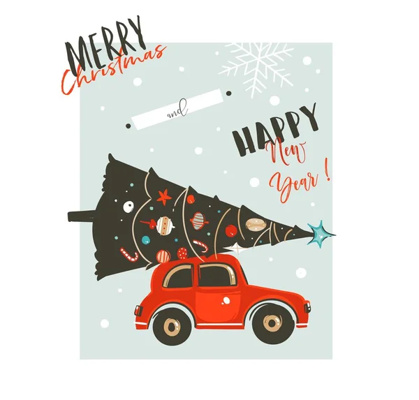 Elle çizilmiş vektör soyut neşeli Noel ve mutlu yeni yıl zaman resimler retro vintage tebrik kartı kırmızı araba ile karikatür ve süslenen beyaz arka plan üzerinde izole xmas ağacı