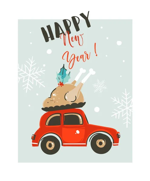 Vetor desenhado à mão Feliz Natal tempo cartoon gráfico ilustração cartão modelo de design com carro vermelho entrega peru para o jantar e tipografia moderna Feliz Ano Novo isolado no fundo branco —  Vetores de Stock