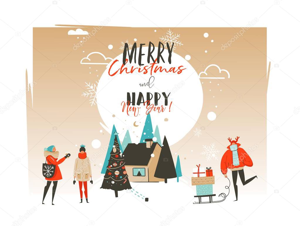 Hand drawn vector abstract Merry Christmas and Happy New Year time cartoon illustrations greeting card template with outdoor landscape,house and winter people activity isolated on white background