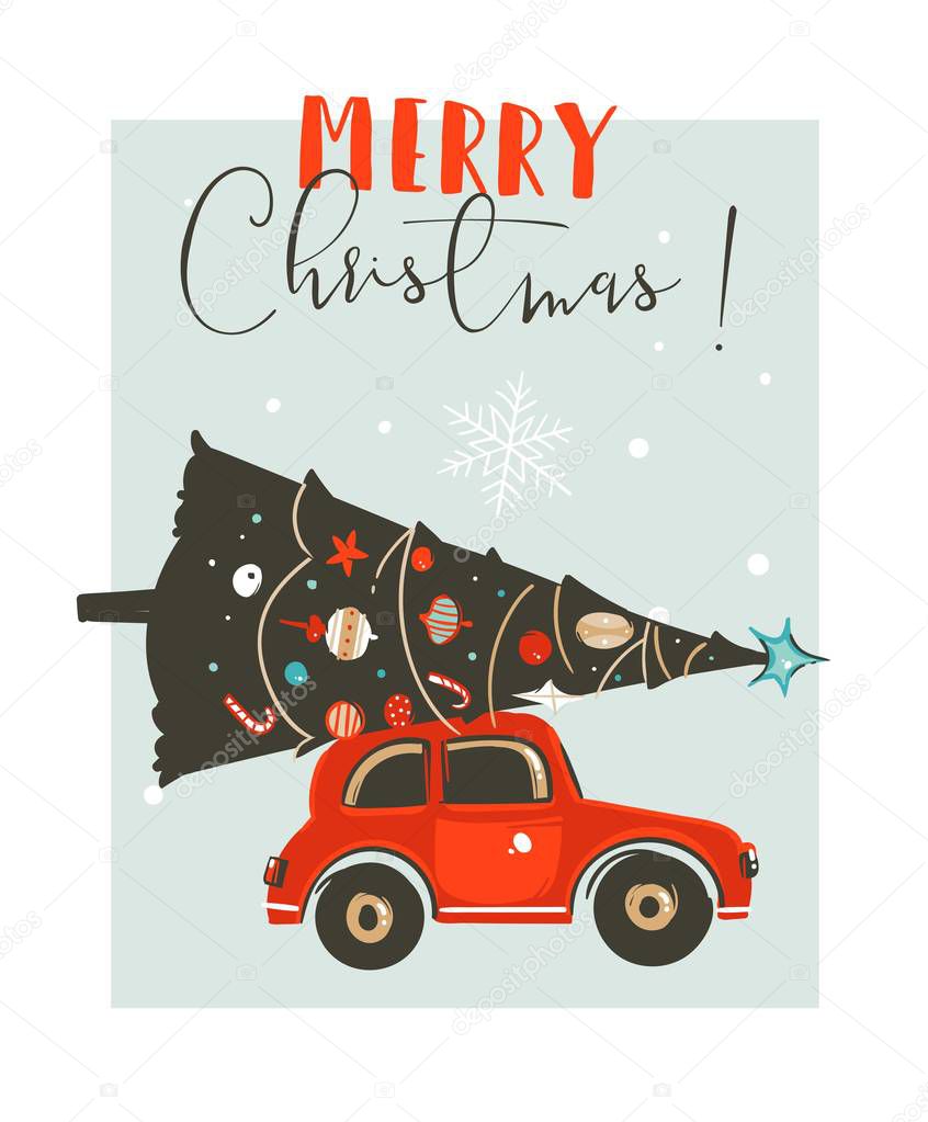 Hand drawn vector Merry Christmas time cartoon graphic illustration card design template with red car,xmas tree and modern typography Merry Christmas isolated on white background