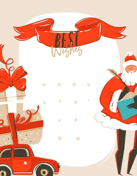 Handgezeichnet Vektor abstrakte Spaß frohe Weihnachten Cartoon Illustration Grußkarte Tag mit Weihnachtsmann, Auto, Überraschung Geschenk-Boxen und besten Wünsche Typografie isoliert auf weißem Hintergrund — Stockvektor