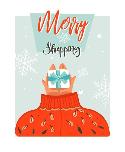 Handgezeichnet Vektor abstrakte frohe Weihnachten Cartoon-Illustrationskarte mit Menschen in gemütlichen Pullover, die surpsise Geschenk-Box und moderne Typografie fröhliches Einkaufen isoliert auf blauem Hintergrund gibt — Stockvektor