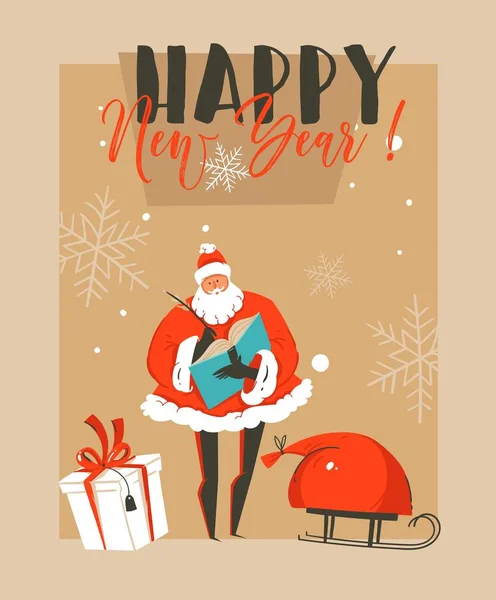 Joyeux Noël dessin animé illustration carte de vœux avec le Père Noël, traîneau, boîtes-cadeaux surprise et bonne année typographie isolé sur fond de papier artisanal — Image vectorielle