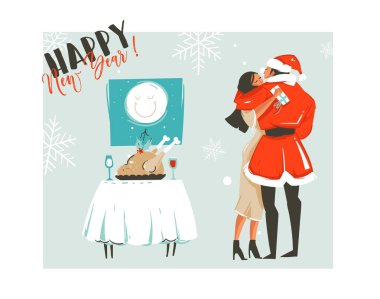 El vektör soyut Merry Christmas zaman karikatür retro vintage illüstrasyonlar kartı ile romantik çift öpüşme ve sarılma, xmas akşam yemeği ve beyaz arka plan üzerinde izole mutlu yeni yıl metin çekilmiş