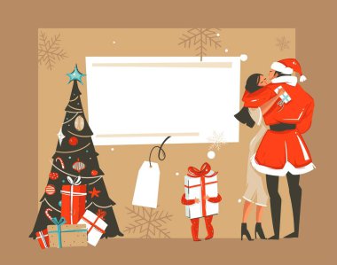 Elle çizilmiş vektör soyut eğlenceli neşeli Noel zaman karikatür retro vintage illüstrasyonlar kartı ile romantik çift öpüşme ve sarılma, xmas ağacı ve beyaz arka plan üzerinde izole metin için yer
