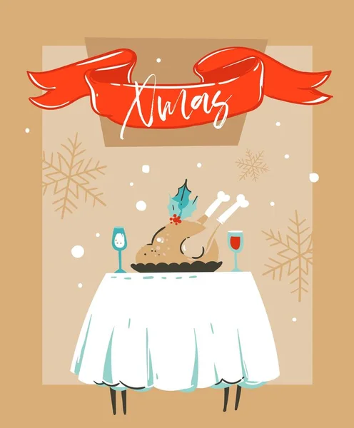 Divertimento astratto vettoriale disegnato a mano Buon Natale cartoni animati illustrazione modello di carta con cibo di Natale su tavola e luna in finestra isolato su sfondo carta artigianale — Vettoriale Stock