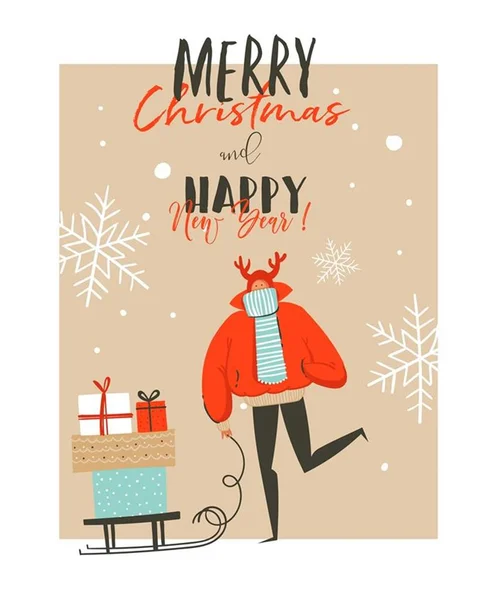 Dibujado a mano vector abstracto Feliz Navidad y Feliz Año Nuevo ilustraciones de dibujos animados tarjeta de felicitación con gente de invierno al aire libre, cajas de regalo sorpresa en trineo aislado sobre fondo blanco — Archivo Imágenes Vectoriales