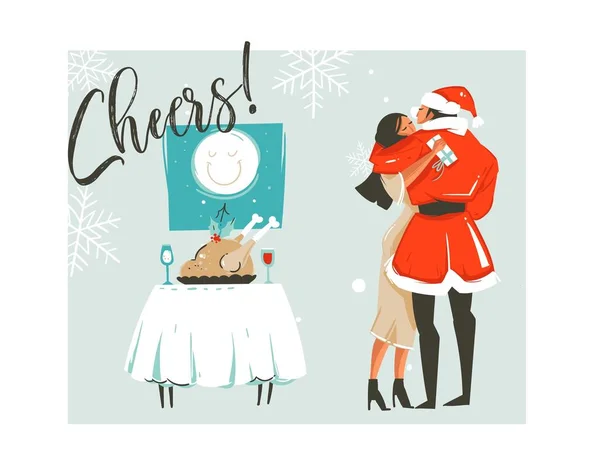 Боку звернено векторні абстрактних Різдвом мультфільм ретро vintage ілюстрації Картка обліку часу з романтична пара, які поцілунки і обійми, Свіжий камбала, ура текст ізольовані на білому тлі — стоковий вектор