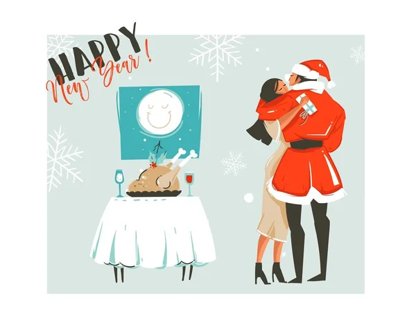 Mão desenhado vetor abstrato Feliz Natal tempo cartoon retro vintage ilustrações cartão com casal romântico que se beijando e abraçando, xmas jantar e feliz ano novo texto isolado no fundo branco —  Vetores de Stock