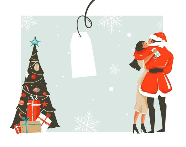 Mão desenhado vetor abstrato diversão Feliz Natal desenhos animados ilustração com casal romântico que se beijando e abraçando, árvore de xmas e lugar para o seu texto isolado no fundo branco —  Vetores de Stock