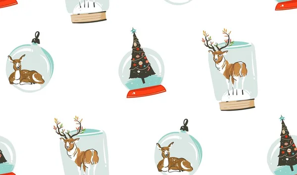 Mão desenhado vetor abstrato Feliz Natal e Feliz Ano Novo desenhos animados ilustrações padrão sem costura com veados, renas e árvore de xmas na esfera globo de neve de vidro isolado no fundo branco —  Vetores de Stock