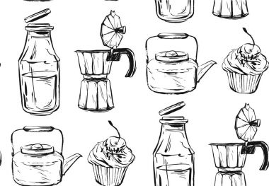 Nefis yiyecek seamless modeli. Elle çizilmiş vektör. Arka planlar, kumaş, mutfak ve kafe şeyler için iyi