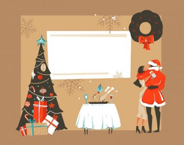 Elle çizilmiş vektör soyut eğlenceli neşeli Noel zaman karikatür retro vintage illüstrasyonlar kartı ile romantik çift öpüşme ve sarılma, xmas ağacı ve koyu sarı arka plan üzerinde izole metin için yer
