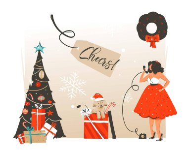 Elle çizilmiş vektör soyut neşeli Noel ve mutlu yeni yıl zaman retro vintage illüstrasyon tebrik kartı içinde beautuful kadın ve köpek hediye kutusunda beyaz arka plan üzerinde izole karikatür