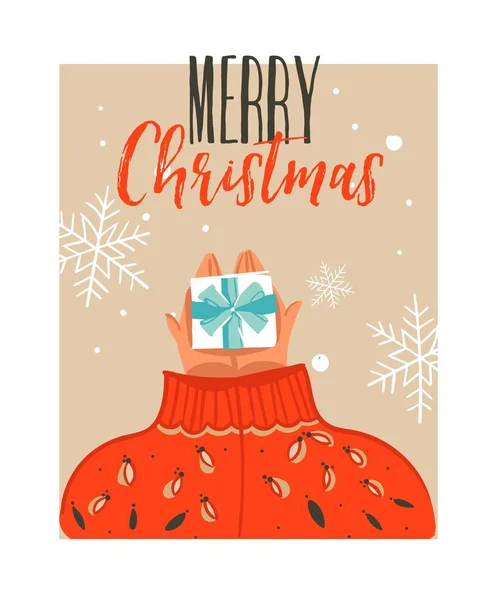 Mão desenhado vetor abstrato Feliz Natal tempo cartoon ilustração cartão com pessoas em camisola aconchegante que dá surpsise caixa de presente e tipografia moderna isolada no fundo branco — Vetor de Stock