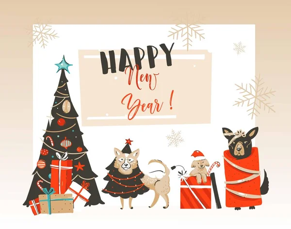 Mão desenhada vetor abstrato Feliz Natal e Feliz Ano Novo ilustrações cartoon cartão com xmas árvore decorada, cães mamíferos de estimação e tipografia moderna isolada no fundo branco —  Vetores de Stock