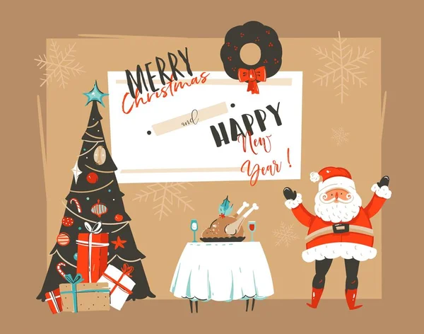 Mão desenhado vetor abstrato Feliz Natal e Feliz Ano Novo ilustrações cartoon cartão com xmas árvore decorada, Papai Noel e mesa dinne feriado isolado no fundo de papel artesanal —  Vetores de Stock