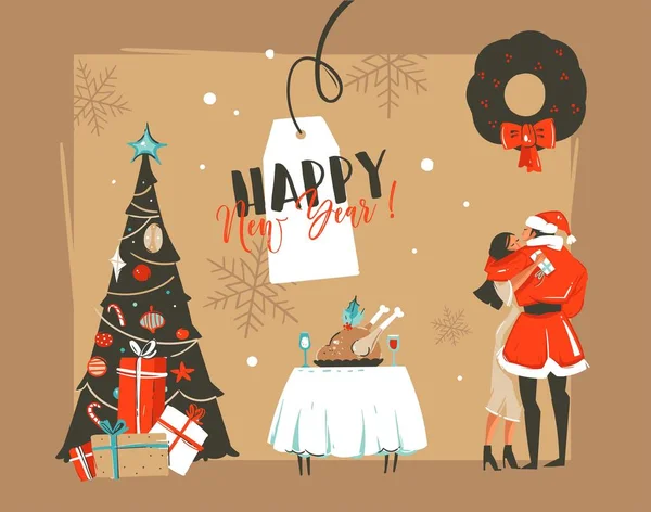 Hand gezeichnet Vektor glückliches neues Jahr Zeit Cartoon-Illustrationen Retro-Karte mit romantischen Paar, das küsst und umarmt unter der Mistel, Weihnachtsbaum und Esstisch isoliert auf handwerklichem Hintergrund — Stockvektor