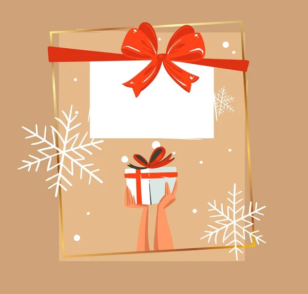 Weihnachtsgeschenkbox in Schnee-Grußkarte. Weihnachtsgeschenkschachtel und Weihnachtsmann-Geschenktüte mit rotem Band und Schleife auf der Winterlichtung mit Weihnachtsbaum in der Weihnachtsnacht für frohe Weihnachten festliches Bannerdesign — Stockvektor