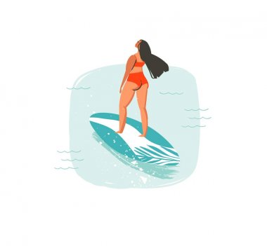 Çizilmiş vektör karikatür yaz saati eğlenceli el beyaz arka plan üzerinde izole mavi okyanus dalgalarının longboard üzerinde sörfçü kız yüzme ile çizimler simgesi