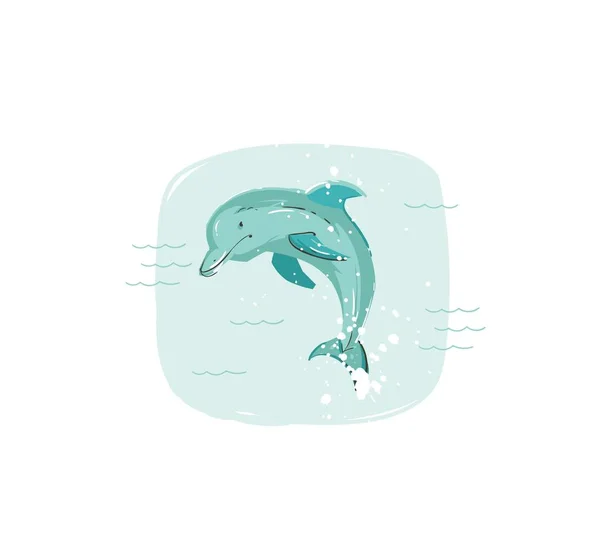 Mão desenhado vetor abstrato desenho animado verão tempo divertido ilustração com saltando golfinho em ondas azuis do oceano isolado no fundo branco . — Vetor de Stock