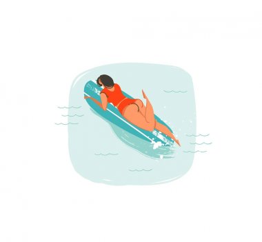 Çizilmiş vektör karikatür yaz saati eğlenceli el beyaz arka plan üzerinde izole mavi okyanus dalgalarının longboard üzerinde sörfçü kız yüzme ile çizimler simgesi
