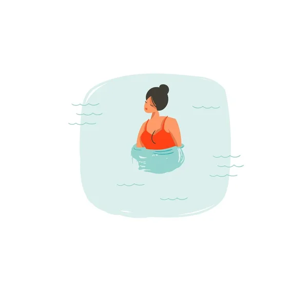 Handgezeichnet Vektor abstrakt cartoon Sommerzeit Spaß Illustrationen Symbol mit schwimmenden Mädchen in blauen Ozeanwellen isoliert auf weißem Hintergrund — Stockvektor