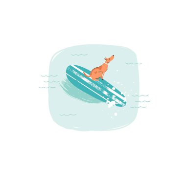 Çizilmiş vektör karikatür yaz saati eğlenceli el beyaz arka plan üzerinde izole mavi okyanus dalgalarının longboard üzerinde gezinen köpek yüzme ile çizimler simgesi
